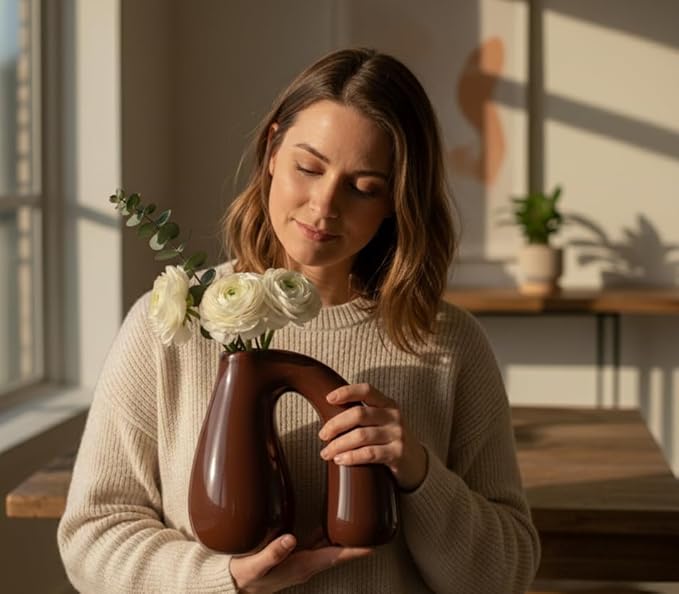 PROBENEX Brown Ceramic Decorative Pitcher Vase, 7.5 in – Glossy Sculptural Arch-Handle, Warm Earth-Tone Home Décor for Fresh or Dried Floral Arrangements, Table/Shelf/Entryway, Giftable