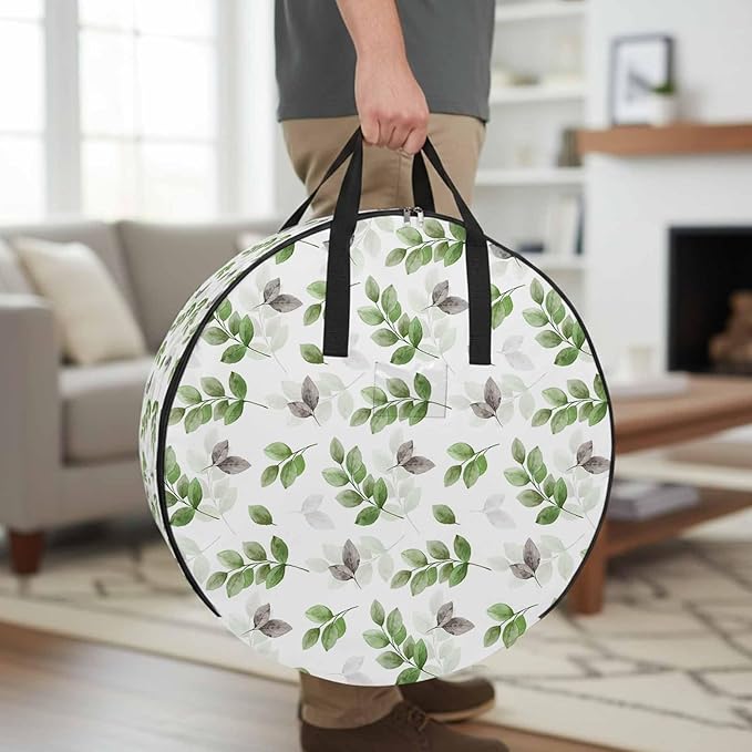 Botanical Country Round Storage Bag 24 Inch, Green Eucalyptus Leaves White Background Clothes Storage Container with Handles Heavy Duty Organizer for Comforter, Bedding & Holiday Wreaths