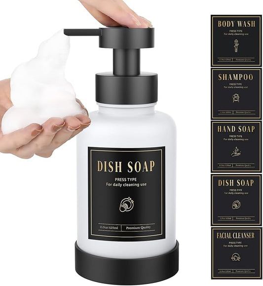 Luxspire Foaming Soap Dispenser, Glass Foam Pump Soap Dispenser, Non-Slip Hand Soap Bottle with 5 Waterproof Labels, 15 Oz Refillable Liquid Soap Bottle for Bathroom & Kitchen, White, 1 Pack
