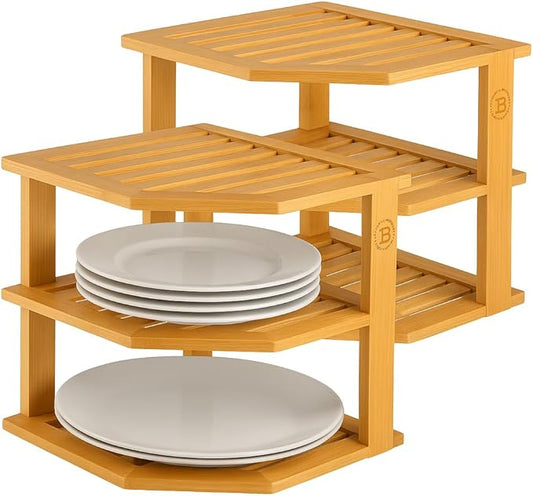 2-Pack Plate Organizer for Cabinet - Bamboo Corner Shelf for Kitchen or Bathroom Storage, Space-Saving Rack for Dishes, Countertop, Cabinet, Pantry - Organization & Housewarming Gift