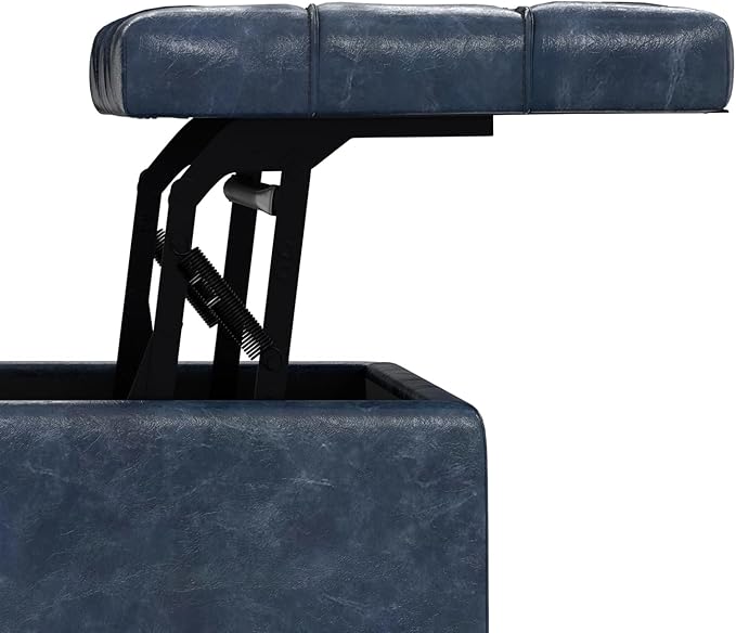 SIMPLIHOME Harrison Small Coffee Table Storage Ottoman - 30 inch Wide Upholstered Vegan Leather Square Lift-Top Ottoman in Denim Blue, Transitional Ottoman for Living Room with Hidden Storage