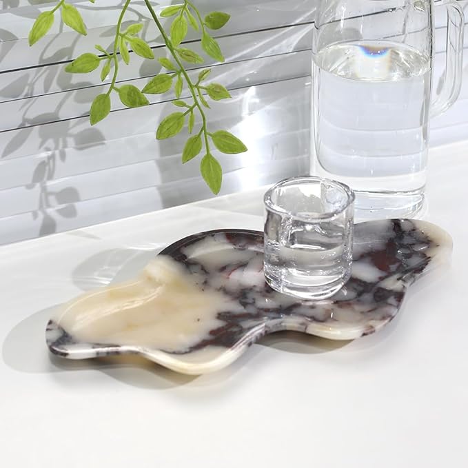Handcrafted Marble Decorative Tray, Cloud Shaped Tray for Vanity, Unique Trinket Dish for Jewelry Ring Necklace, Natural Stone Key Tray for Entrance Living Room Vanity (Calacatta-Viola 11.8" x 6.3")