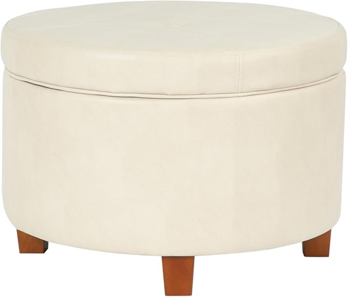 HomePop Round Leatherette Storage Ottoman with Lid, Ivory Large