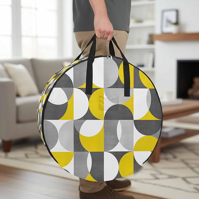 Storage Bag Mid Century Geometric Round Storage Totes Bins Closet Organizers with Zippers & Handle Abstract Modern Yellow Gray Clothes Storage Container for Bedroom Dorm Space Saving Packing Supplies