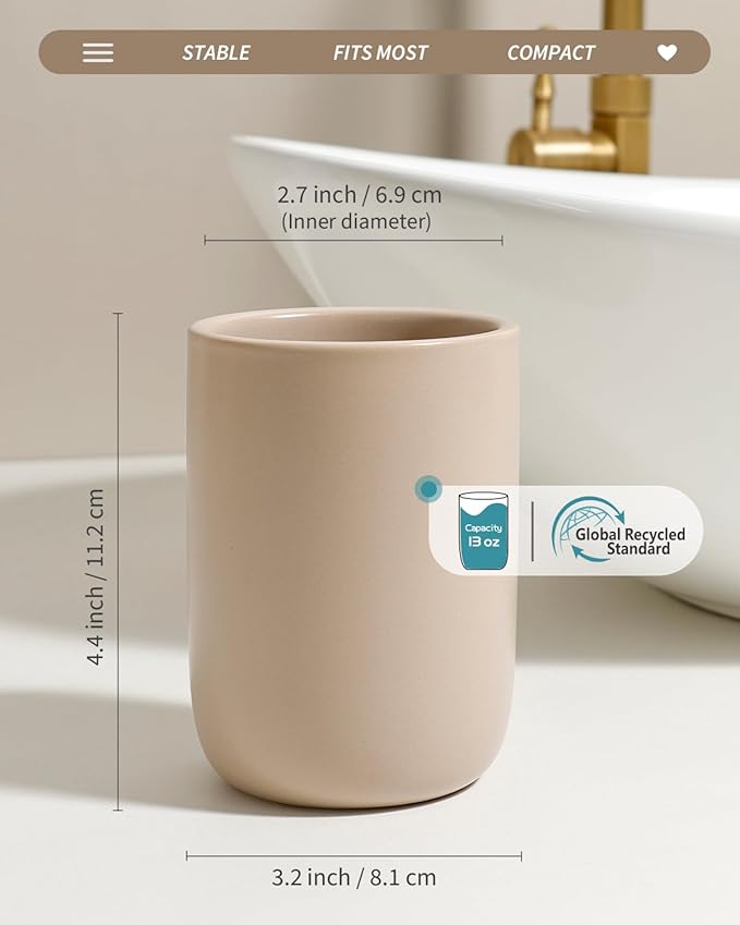 BosilunLife Ceramic Toothbrush Holder (Khaki, Cylinder)