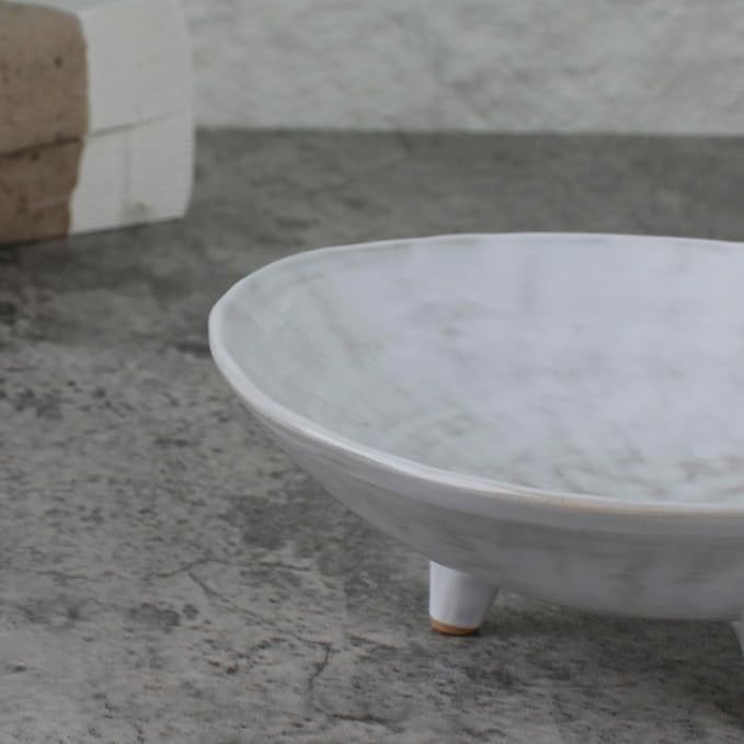 Wabi Sabi Footed Decorative Bowl, Multi-Purpose Small Ceramic Bowl, Vintage Rustic Boho Shelf Table Decor, Natural White