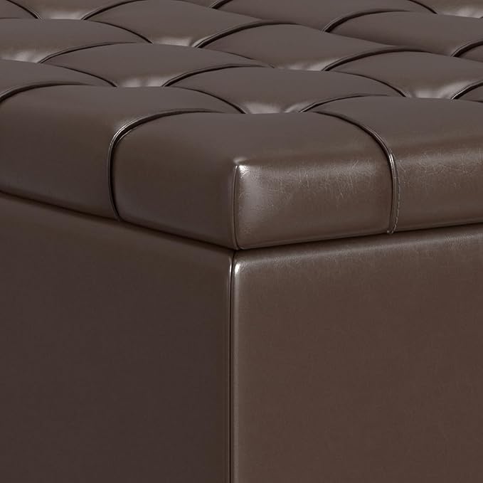 SIMPLIHOME Harrison Small Coffee Table Storage Ottoman - 30 inch Wide Upholstered Vegan Leather Square Lift-Top Ottoman in Chocolate Brown, Transitional Ottoman for Living Room with Hidden Storage
