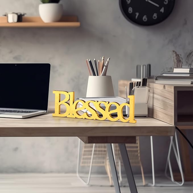 Blessed Letter Table Sign,Rustic Wooden Home Signs Decor (Gold)