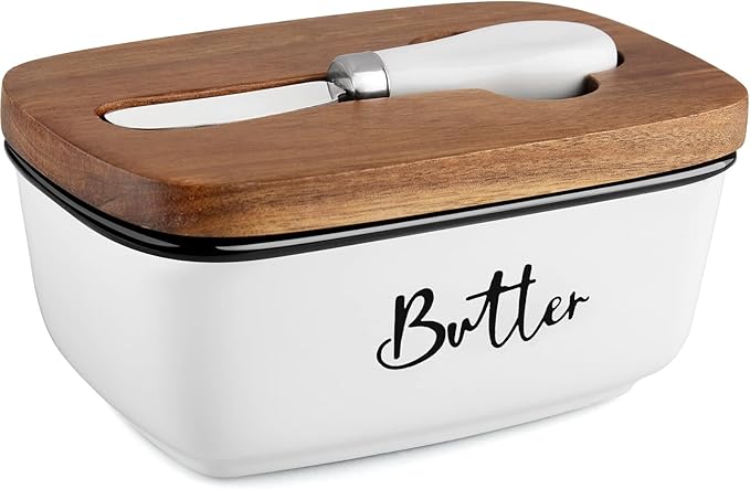 Ceramic Butter Dish with Lid and Knife for Countertop, Airtight Butter Keeper for Counter or Fridge, Butter Container with Thick Acacia Wood Lid, for Farmhouse Kitchen Decor and Accessories, White