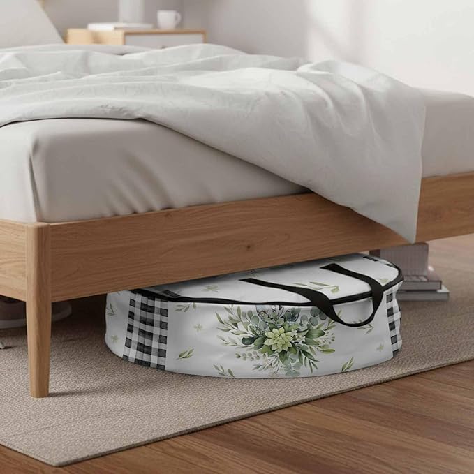 Storage Bag Eucalyptus Leaves Vase Round Storage Totes Bins Closet Organizers with Zippers & Handle Green Leaf Floral Black Plaid Clothes Storage Container for Bedroom Space Saving Packing Supplies