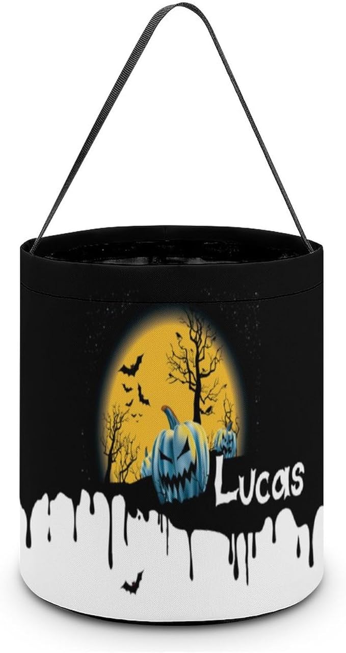 Personalized Halloween Trick or Treat Candy Bag with Name Custom Text Party Tote Bucket Halloween Candy Basket Gift (Bag-7)