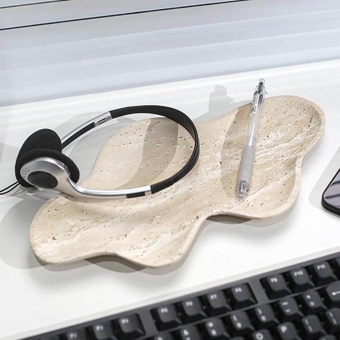 Handcrafted Travertine Decorative Tray, Cloud Shaped Tray for Vanity, Unique Trinket Dish for Jewelry Ring Necklace, Natural Stone Key Tray for Entrance Living Room Vanity (Beige 11.8" x 6.3")