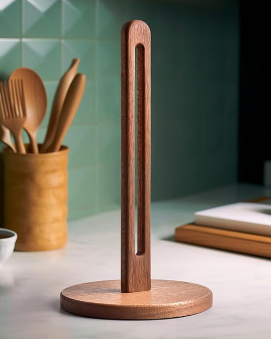 Acacia Wooden Paper Towel Holder Stand for Jumbo Roll - Stylish Kitchen Paper Rack Bathroom Towel Roll Stand Organizer, UA, Solid Wood Simply Standing Countertop Paper Roll Holder, Large