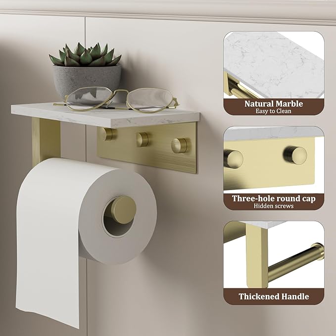 BWE Brushed Gold Toilet Paper Holder with Marble Shelf, Toilet Paper Roll Holder Wall Mounted, Toilet Paper Roll Holder with Phone Shelf 304 Stainless Steel Tissue Holder for Bathroom Washroom