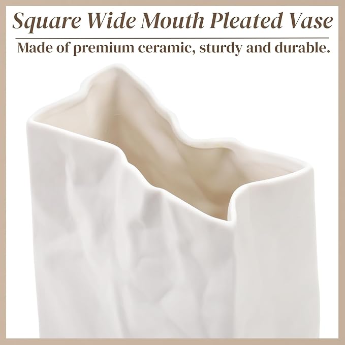 Pumtus Crinkle Paper Bag Ceramic Vase, 7.5 Inch Unique Flower Vase, White Matte Square Wide Mouth Pleated Planter, Minimalist Boho Pot for Flower Arrangement Table Centerpiece Home Office Decor