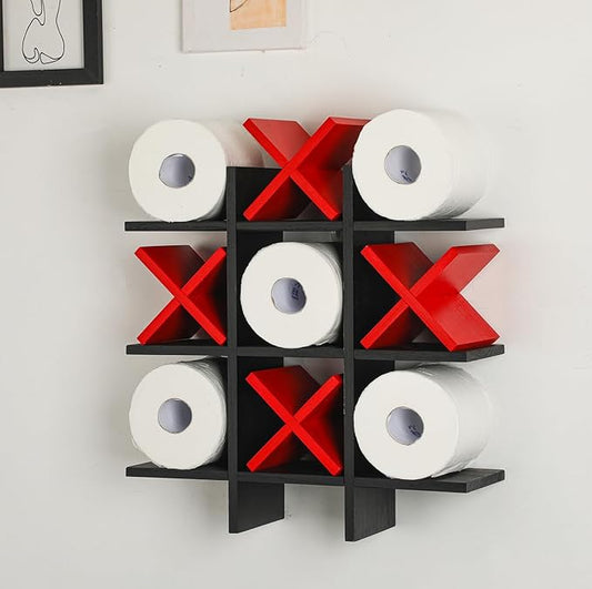 Weysat Tic Tac Toe Toilet Paper Holder Stand Bathroom Wall Decor Rustic Wooden Hanging Storage Freestanding Wall Mounted Shelves Decor for Toilet Tissue Farmhouse