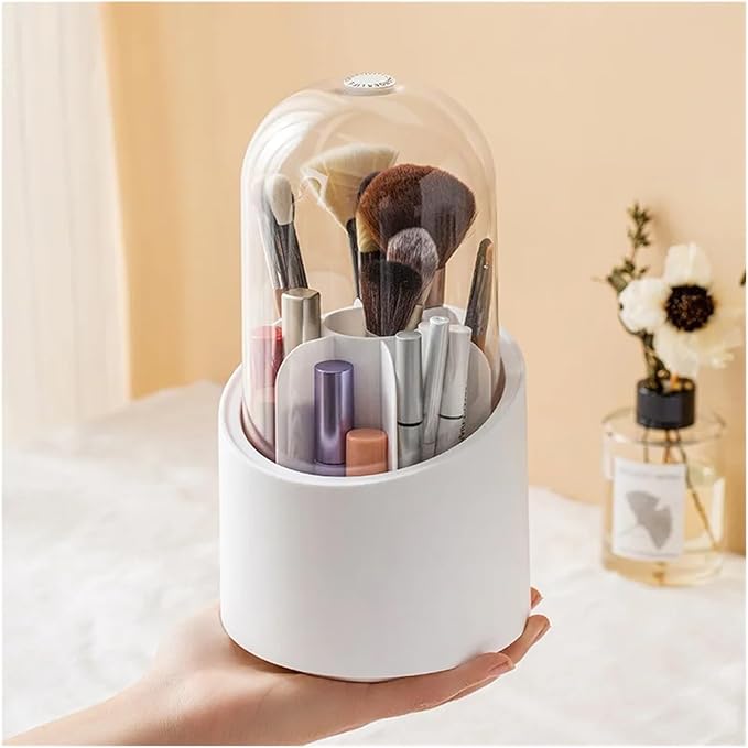 Compatible For Rotating Makeup Brush Organizer with Lid Dustproof Transparent Acrylic Box Shelf Eyebrow Pencil Barrel Bucket(Pink)