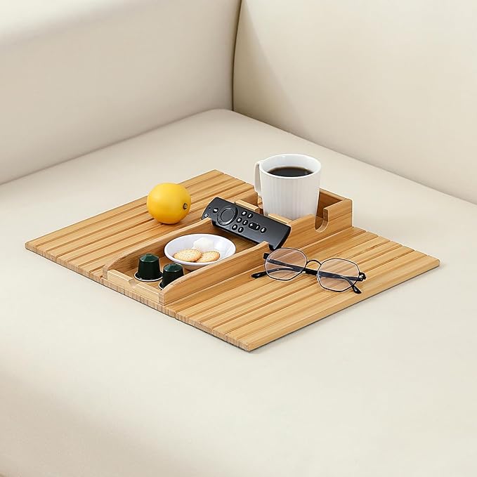 Bamboo Couch Cup Holder Arm Tray Table，Foldable Couch Drink Holder Armrest Table，Sofa Arm Rest Tray，Flexible Arm Chair Table Tray Recliners for Drink,Cups, Snacks, Phone, Remote (Bamboo)
