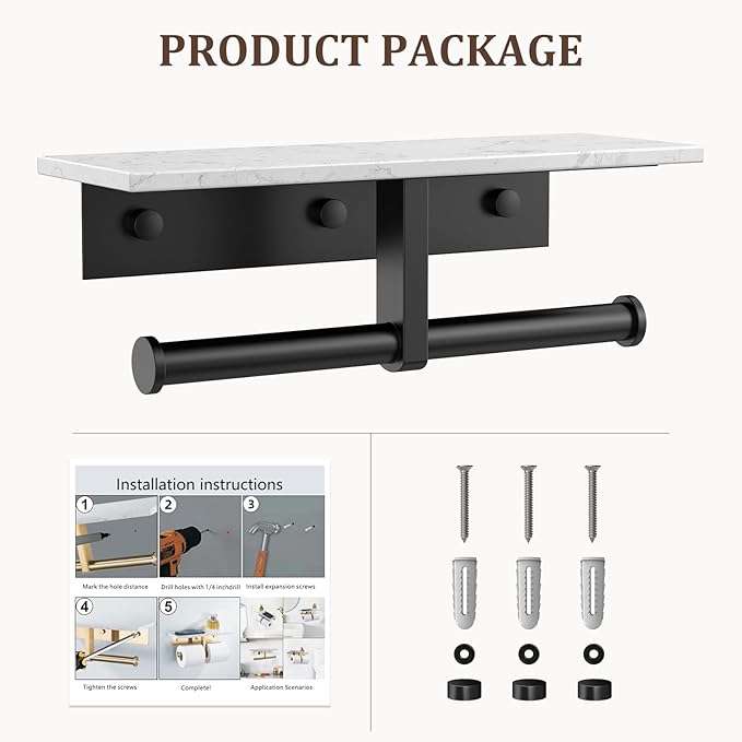 BWE Double Toilet Paper Holder with Shelf, Wall Mounted Tissue Roll Holder for Bathroom, Commercial Toilet Paper Dispenser, Marble Toilet Paper Storage Holder with Phone Shelf (Matte Black)
