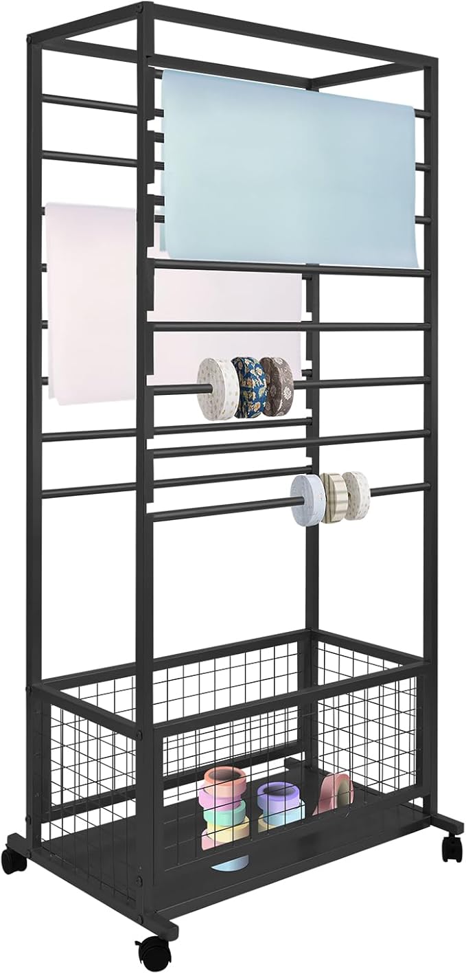 Mobile Ribbon Holder Double-Sided Ribbon Organizer Rack with 16 Hanging Rods Multifunctional Flower Wrapping Paper Storage Stand with Lockable Wheels Wrapping Paper Rack (26.38*12.99*59.06in, Black)