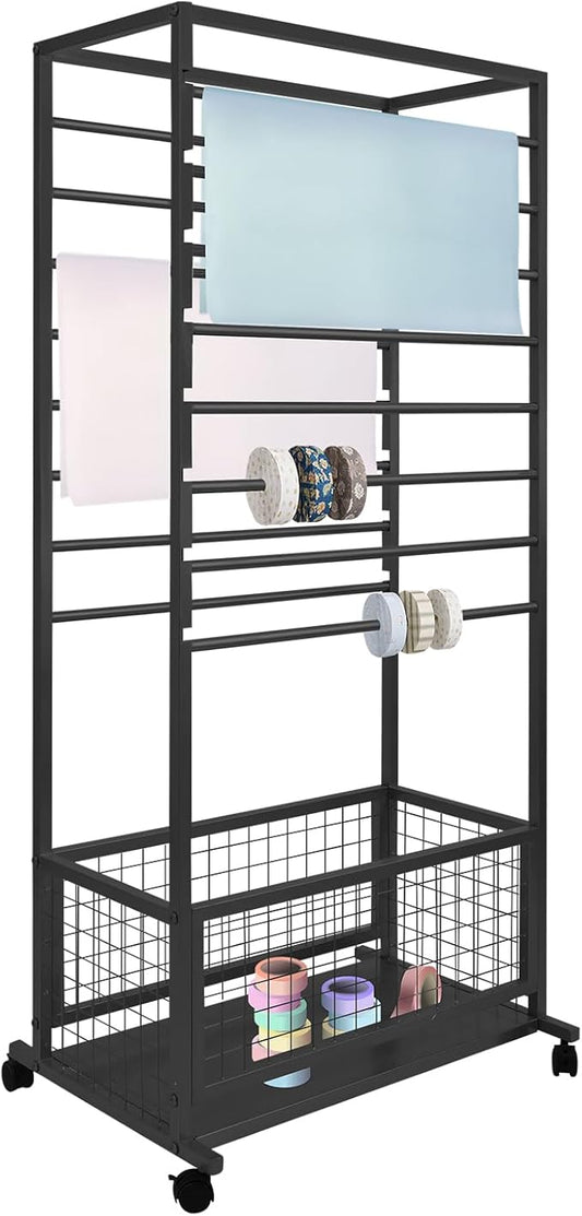 Mobile Ribbon Holder Double-Sided Ribbon Organizer Rack with 16 Hanging Rods Multifunctional Flower Wrapping Paper Storage Stand with Lockable Wheels Wrapping Paper Rack (26.38*12.99*59.06in, Black)