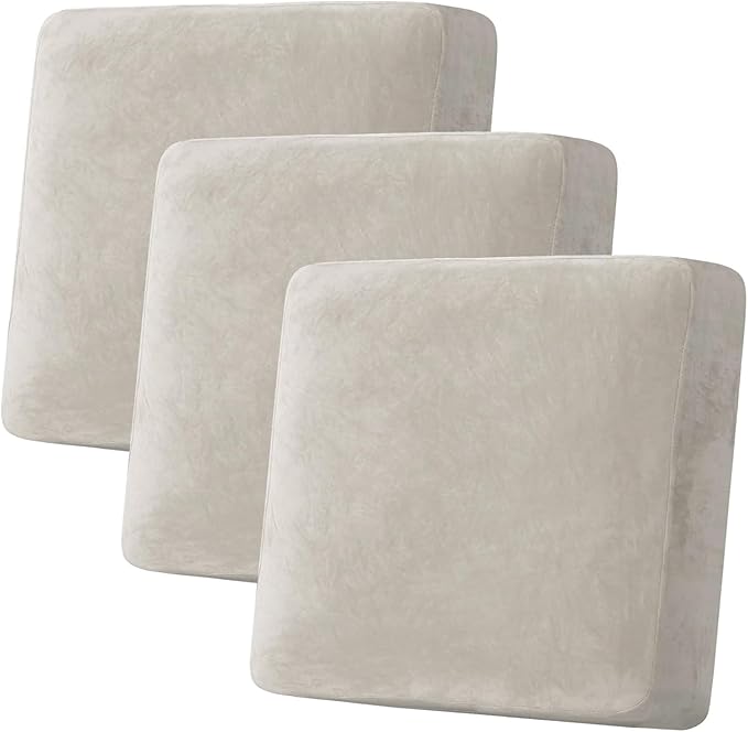 H.VERSAILTEX Velvet Stretch Couch Cushion Cover Plush Cushion Slipcover for Chair Loveseat Sofa Cushion Furniture Protector Seat Cushion Sofa Cover (3 Piece XL Sofa Cushion Covers, Oatmeal)