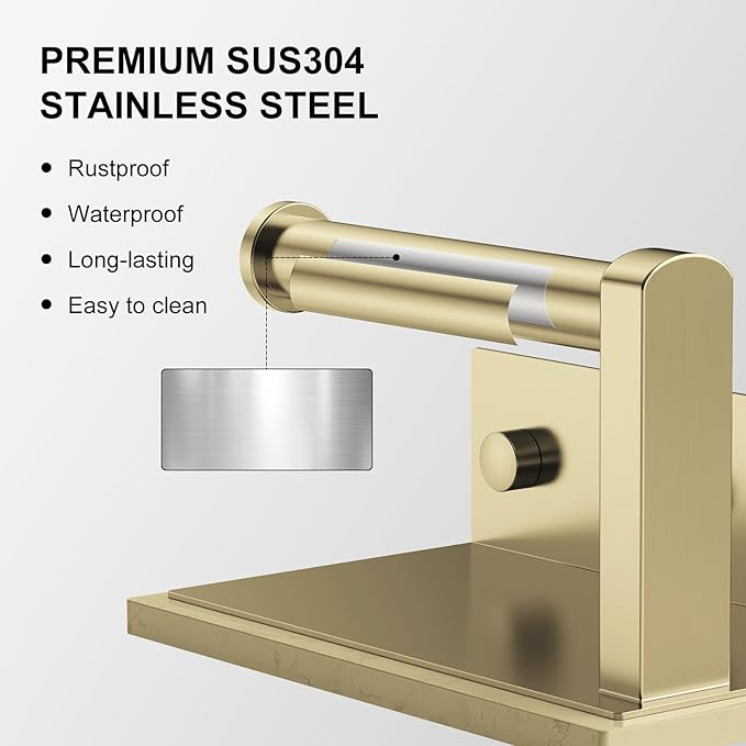 Brushed Gold Toilet Paper Holder with Marble Shelf, 304 Stainless Steel Tissue Hand Holder Wall Mounted Toilet Paper Roll Hold with Phone Shelf for Bathroom Kitchen Washroom Bedroom
