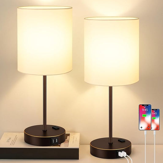 Lynnoland 2 Pack Touch Control Table Lamps with 2 USB & AC Outlet, 3-Way Dimmable Bedside Nightstand Lamps for Bedroom Living Room Nursery, 800 Lumens 3000K Warmlight Bulbs Included
