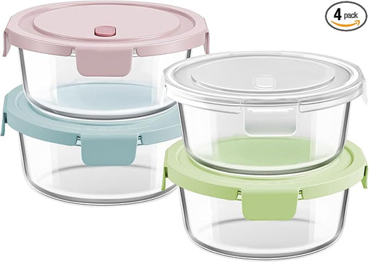 30oz Glass Meal Prep Containers with Lids, Airtight 3.75 Cup Food Storage Containers Set, Heat-Resistant BPA-Free Glass Containers for Soup Leftover, Microwave, Dishwasher, and Freezer Safe (4 Packs)