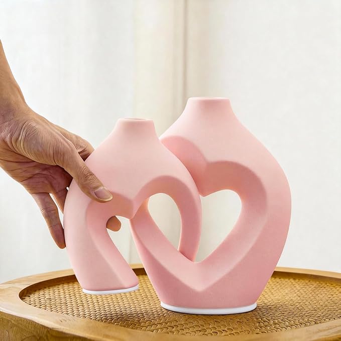 Zormon Pink Heart Shaped Ceramic Vases Set of 2, Modern Nordic Minimalist Flower Vases for Home Decor, Hollow Aesthetic Vases for Living Room, Shelf, Table, Office and Wedding Centerpieces