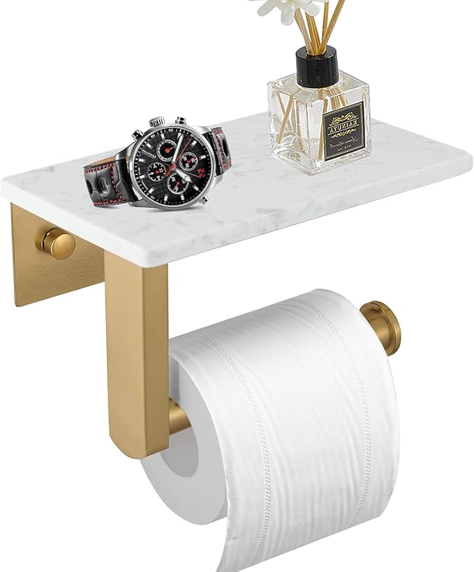 BWE Brushed Gold Toilet Paper Holder with Marble Shelf, Toilet Paper Roll Holder Wall Mounted, Toilet Paper Roll Holder with Phone Shelf 304 Stainless Steel Tissue Holder for Bathroom Washroom