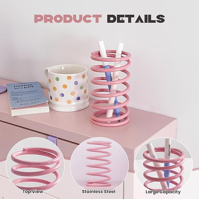 Spring Toothbrush Holder, Stainless Steel Spring Shaped Desktop Toothbrush Holder, Multifunctional Pen Holder Makeup Brush Toothbrush Storage for Bathroom Tabletop Dressing Table and Sink (Pink)