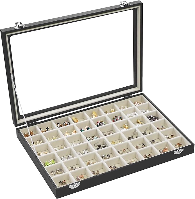 Stratalife Jewelry Organizer 48 Grid Jewelry Tray with Clear Lid Dust-proof Velvet Earring Organizer Necklace Rings Holder Display Drawer Storage Case for Women Beige Black
