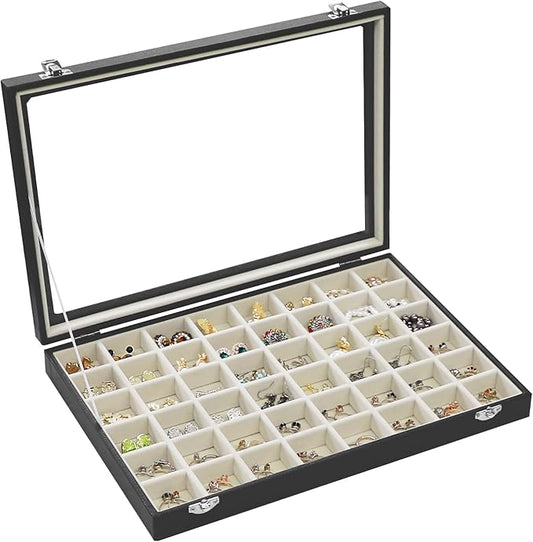 Stratalife Jewelry Organizer 48 Grid Jewelry Tray with Clear Lid Dust-proof Velvet Earring Organizer Necklace Rings Holder Display Drawer Storage Case for Women Beige Black