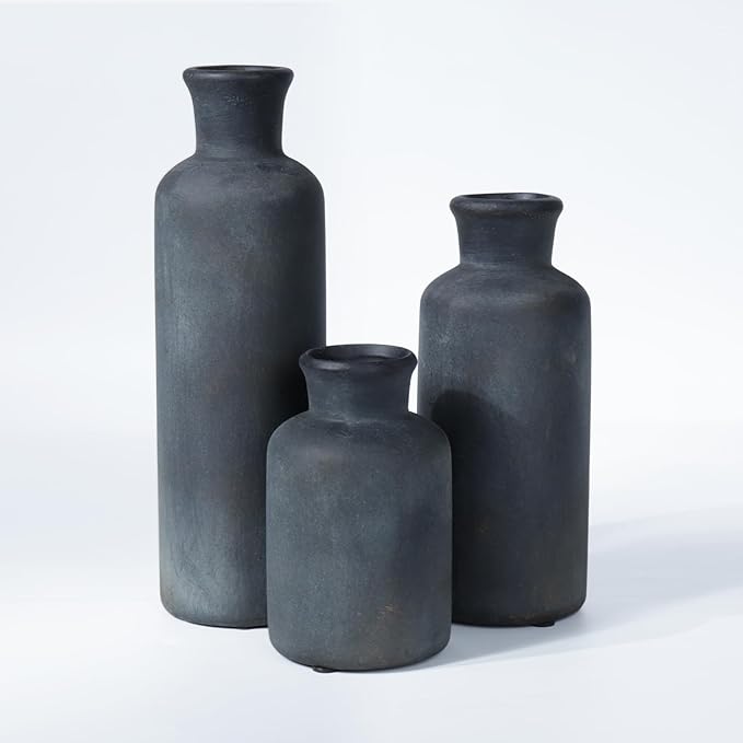 Black Ceramic Vases Set – Rustic Vintage Matte Decorative Flower Vases with Brushed Gold Effect for Home Decor, Living Room, Dining Table & Mantel Centerpieces