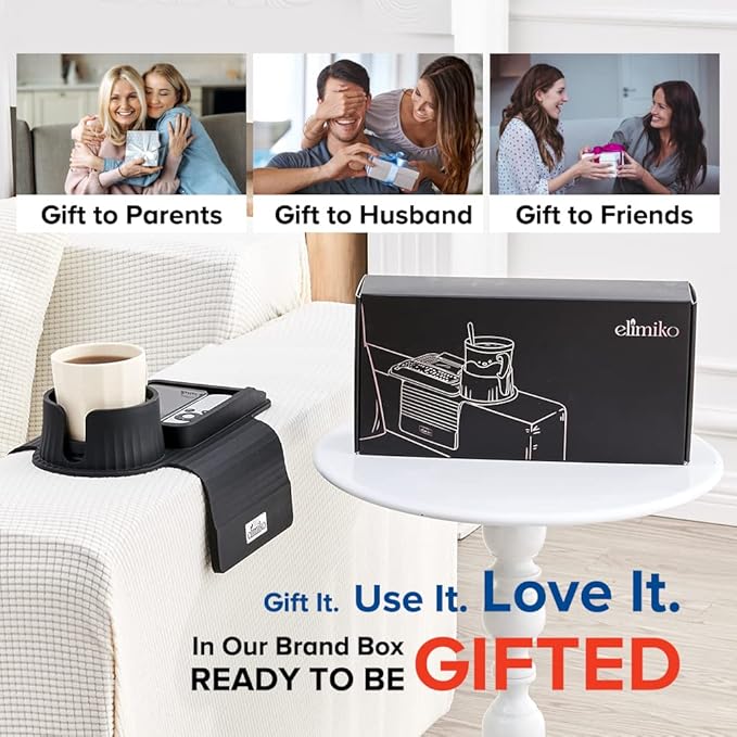 Couch Cup Holder Tray, Elimiko Silicone Sofa Drink Holder with Large Cup Holder and Tray, for Oversized Mugs/Long Remote/Snacks/Cellphone (Black)