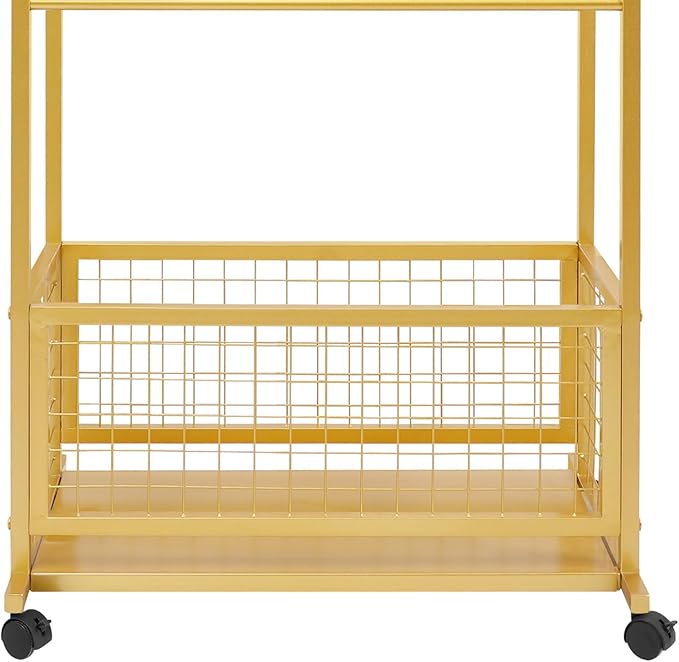 Mobile Ribbon Holder Double-Sided Ribbon Organizer Rack with 16 Hanging Rods Multifunctional Flower Wrapping Paper Storage Stand with Lockable Wheels Wrapping Paper Rack (26.38*12.99*59.06in, Gold)