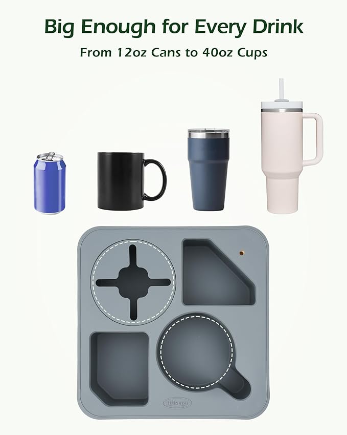 Couch Cup Holder Tray, Acacia Wooden Couch Caddy with Rotatable Phone Holder for Bed Organizer, Waterproof Anti-spill Sofa Cup Holder for Snacks Beverage Remote Grey
