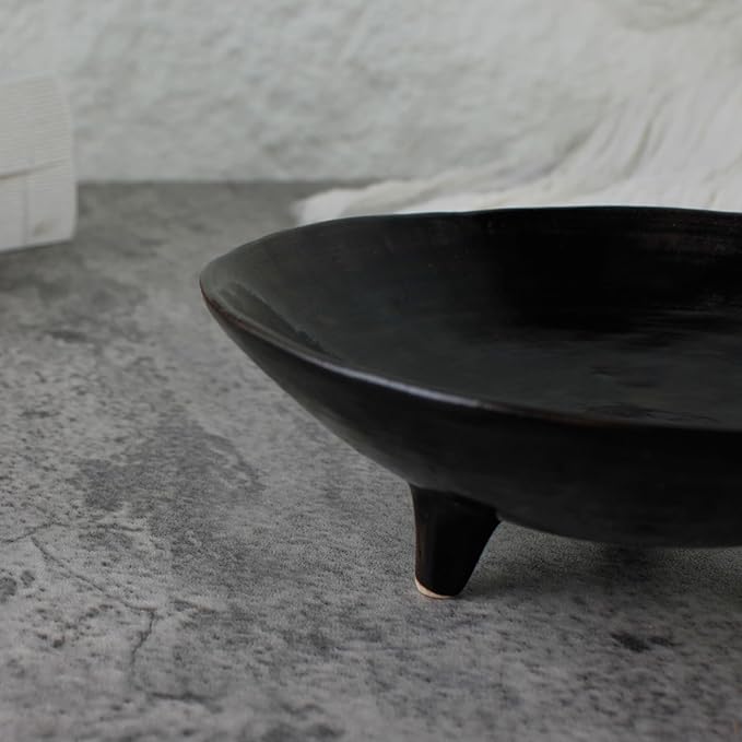 Wabi Sabi Footed Decorative Bowl, Multi-Purpose Small Ceramic Bowl, Vintage Rustic Boho Shelf Table Decor, Natural Black