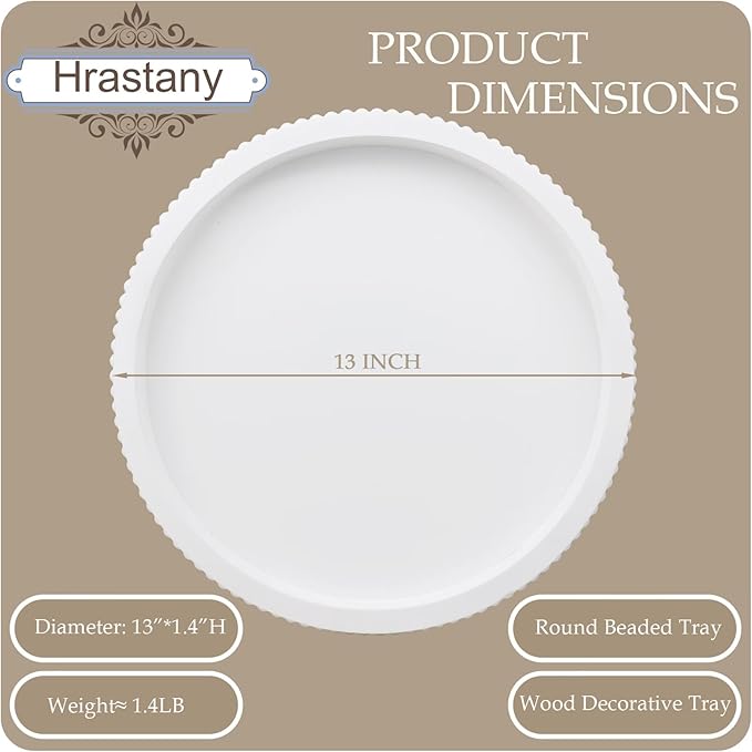 Hrastany Round Wood Serving Tray with Beaded, 13” Rustic Wooden Decorative Coffee Table Tray for Centerpiece, Ottoman, Farmhouse Circle Trays for Counter, Living Room, Home Decor (White)