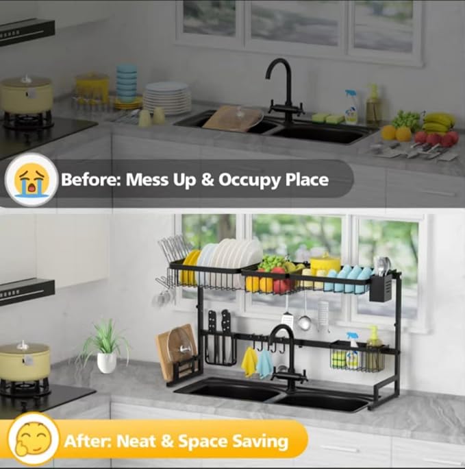 Over The Sink Dish Drainer Drying Rack,Stainless Steel Dish Dyring Rack Above Sink with Adjustable Height,Kitchen Counter Storage Shelf for Organizer Cookware,Cups,Cutting Board (33.4‘’-41.3‘’)