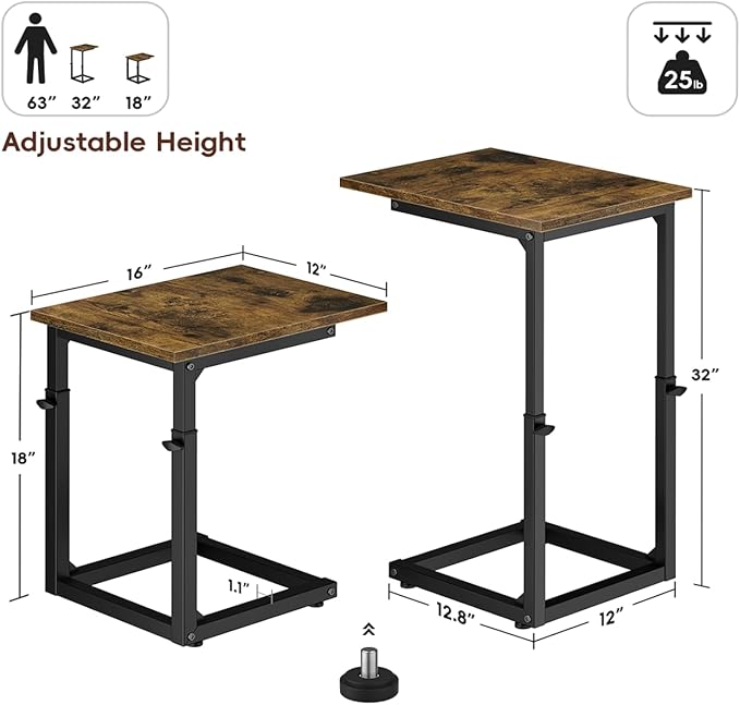 Vagusicc C-Shaped End Table for Sofa, 33"Tall Side Table for Couch, C Table End Table Adjustable Height Couch Side Table, Couch Table Slide Under Sofa Table TV Tray Table for Living Room,Bedroom,Brown