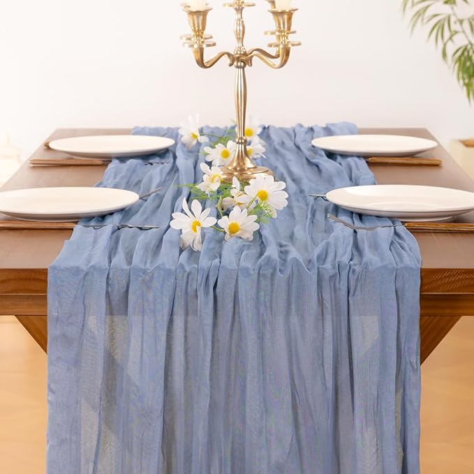 Socomi Dusty Blue Easter Spring Cheesecloth Table Runner Boho Rustic Gauze 120 inch 10FT Cheese Cloth Runner for Wedding Party Baby Shower Birthday Home Decor Holiday Decorations