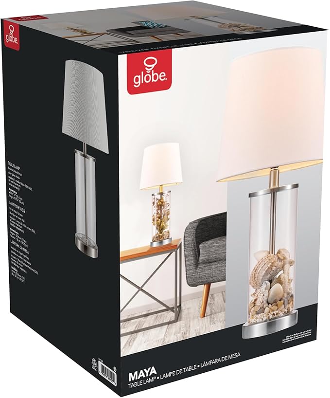Globe Electric 67155 Maya 21" Fillable Table Lamp, Clear Glass and Steel Base, White Fabric Shade