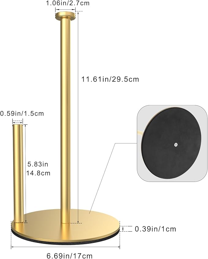 Paper Towel Holder, Gold Kitchen Roll Holder, Premium Stainless Steel Paper Towel Holder for Kitchen Rolls Organizer, Standing Paper Roll Dispenser