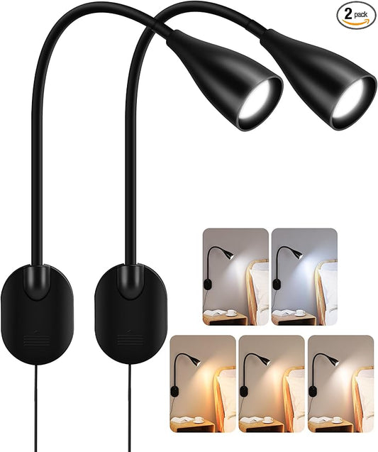 LiFMIRA Wall-Mounted LED Bedside Reading Light with USB Charging Port, 10-Level Dimmable & Adjustable 5 Color, Plug-in Adhesive Night Lamp for Books in Bed, Eye-Caring Bedroom Lighting (Black 2 Pack)