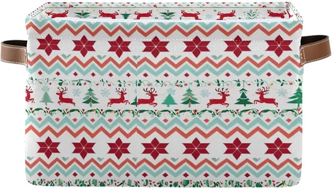 Christmas Storage Box, Canvas Foldable Organizer with Reindeer Pattern, 14.2x10.2x8.3 Inches, Brown Leather Handles, for Bedroom Closet Storage