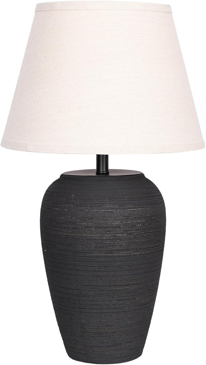 YEPDIN Ceramic Pot Table Lamp 21.25 inch Tall Striped Nightstand Lamp, Tapered Fabric Shade Bedside, Ceramic Decorative for Living Room Bedroom House Office Entryway, TL2