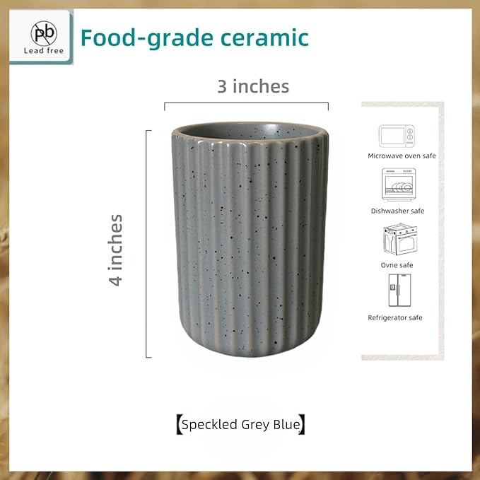 TOPYOKK Stoneware Coffee Bar Utensil Holder Tea & Coffee Spoon & Stirrer Holder for Stir Stick Straw Teaspoon Holder Spoon Cup Small Utensil Jar Fluted Vertical Stripe (Blue Grey)