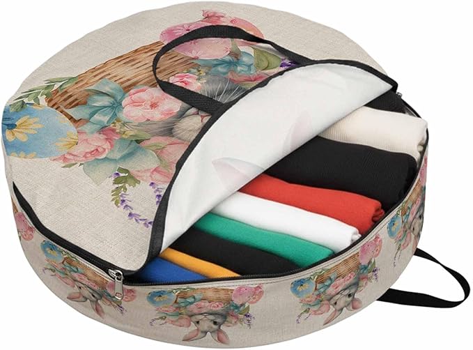 24 Inch Round Storage Bag 1 Pack,Easter Egg Cute Bunny on Basket Waterproof Wreath Storage Container with Handles&Zipper Colorful Flower on Burlap Closet Organizer Bags Garland Box
